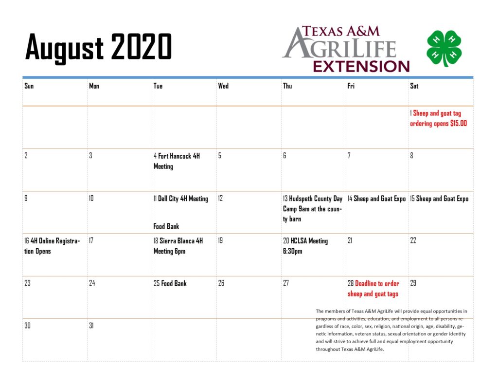 Picture of August 2020 Calendar